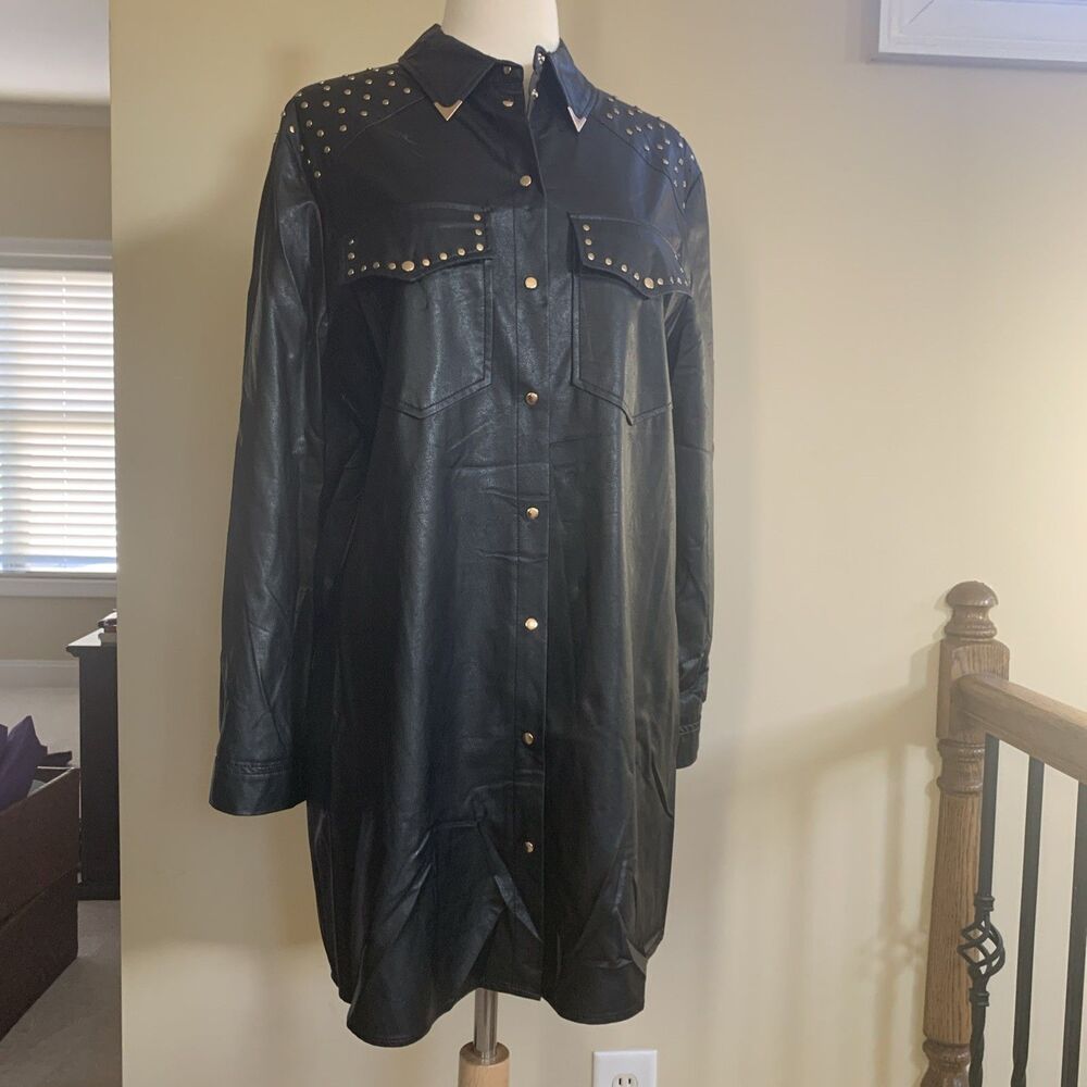 Zara Women’s Jacket Coat Size L Faux Leather Pockets Gold Studded